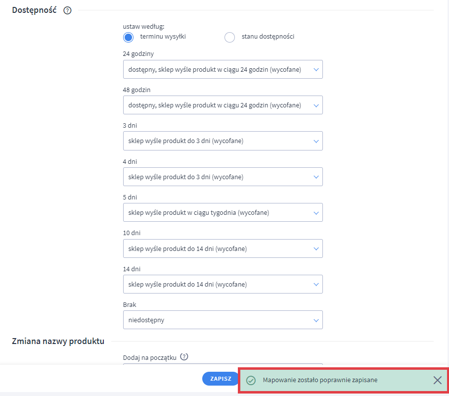 Panel administracyjny sklepu > Dodatki i integracje > Moje aplikacje > Homebook > Konfiguracja > Mapowanie zostało poprawnie zapisane