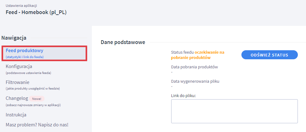 Panel administracyjny sklepu > Dodatki i integracje > Moje aplikacje > Homebook > Feed produktowy > Status feedu