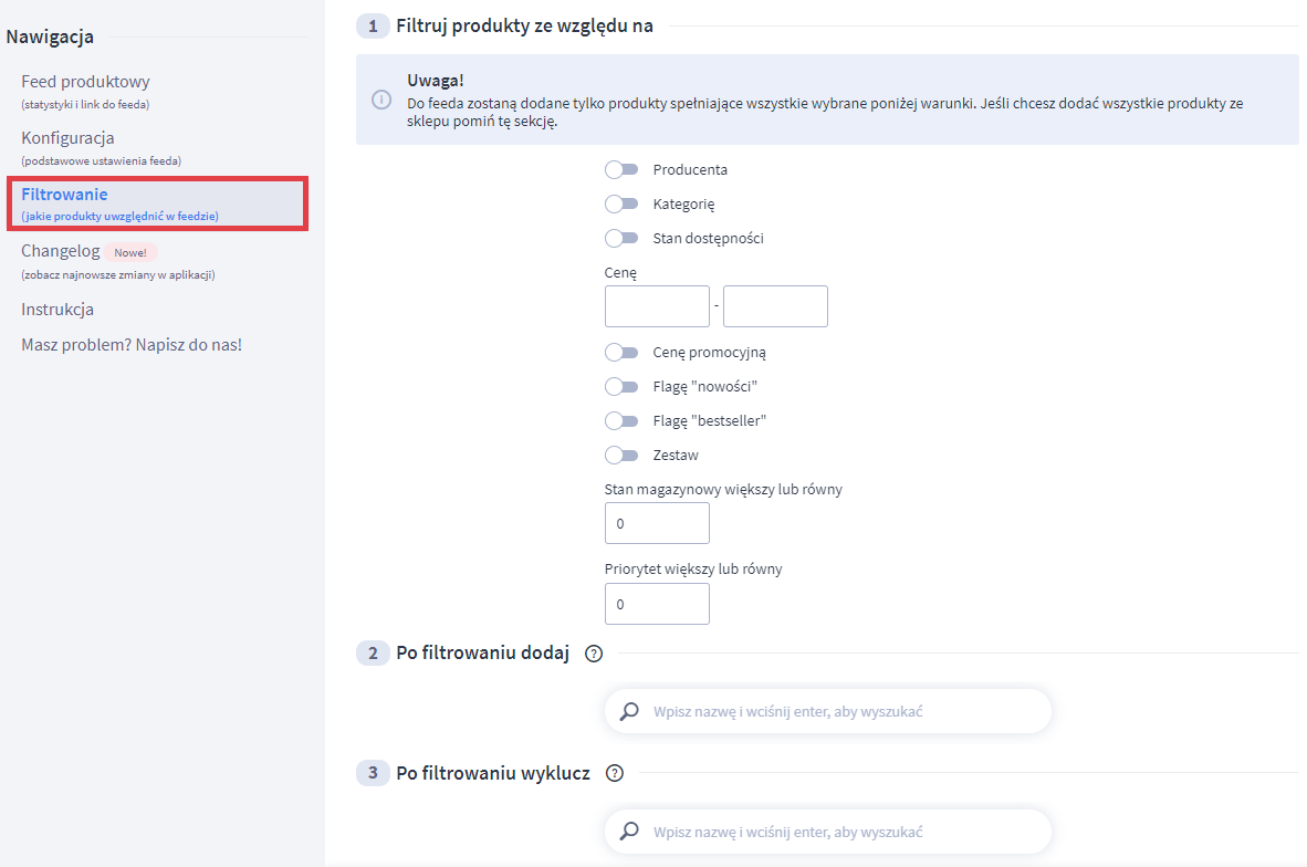 Panel administracyjny sklepu > Dodatki i integracje > Moje aplikacje > Homebook > Filtrowanie