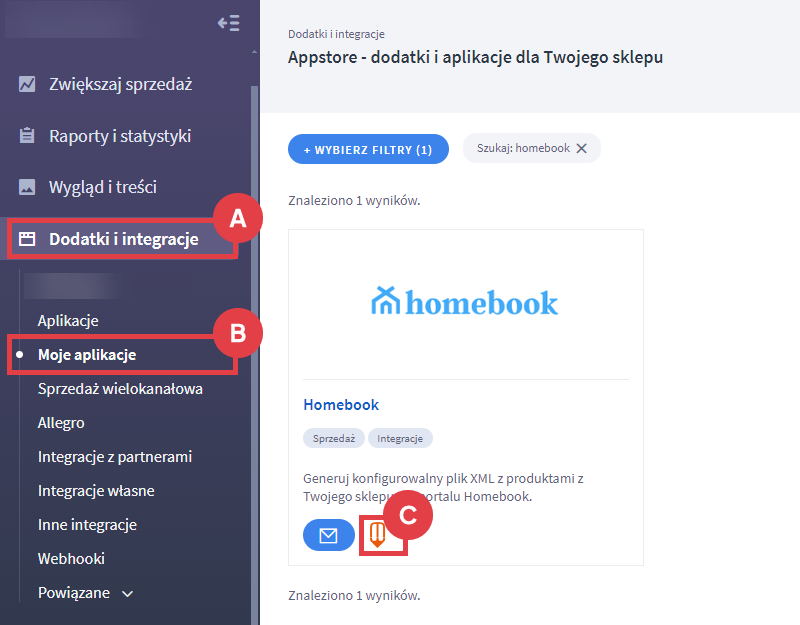 Panel administracyjny sklepu > Dodatki i integracje > Moje aplikacje > Homebook