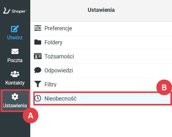 Przejdź do ustawień nieobecności na koncie pocztowym Shoper Poczta Shoper > Ustawienia > Nieobecność