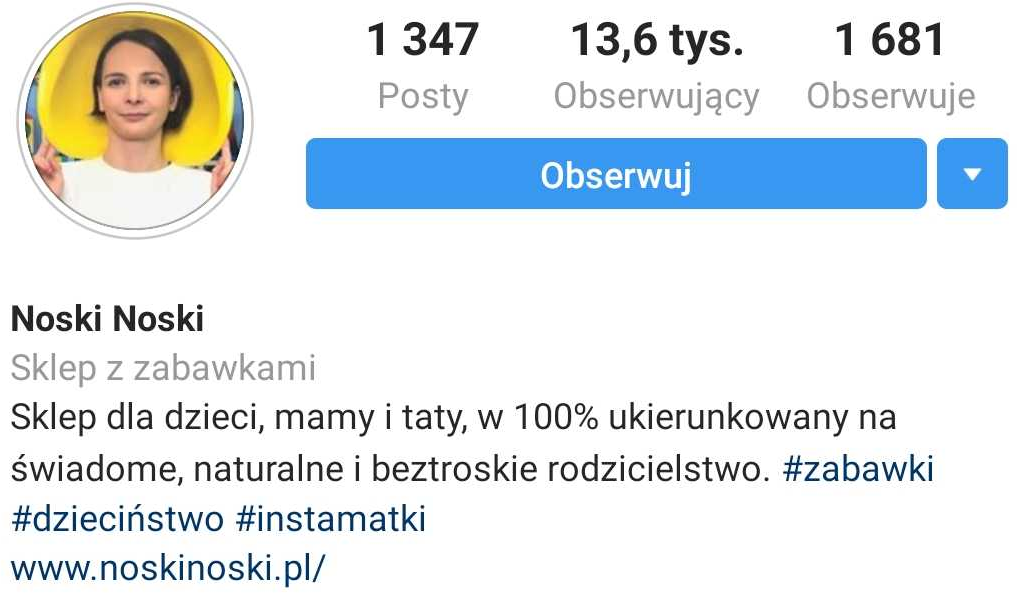 Przykład konta Instagram z dodanym zdjęciem profilowym (twarz)