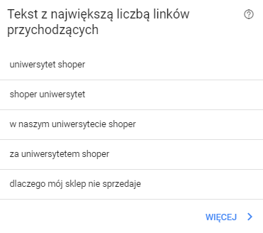 Przykład wykazu tekstów z największą liczbą linków przychodzących. Wykaz tekstów z największą ilością linków przychodzących.