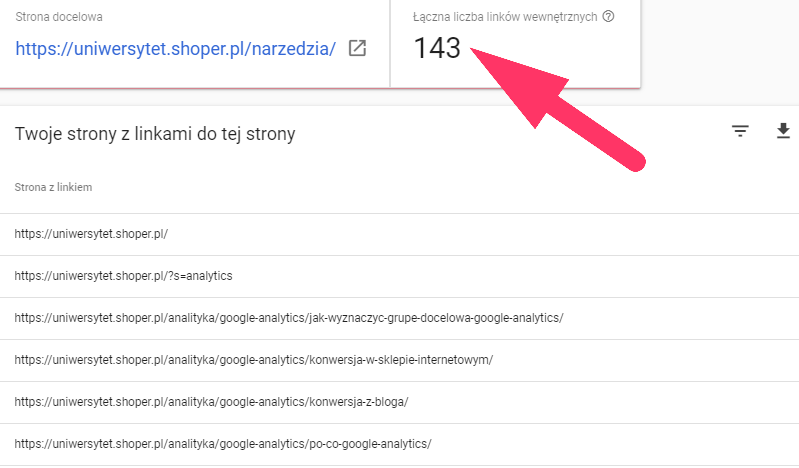 Przykład ekranu z wyświetloną łączną liczbą linków wewnętrznych. Przykład danych wyświetlonych po wybraniu wybranego linka w Google Search Console.