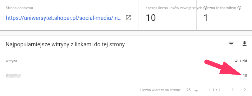 Po kliknięciu wybranego linka, wyświetlona zostanie lista stron zawierających linki do tego adresu. Po kliknięciu wybranego linku, sprawdzić listę stron zawierających linki do tego adresu.