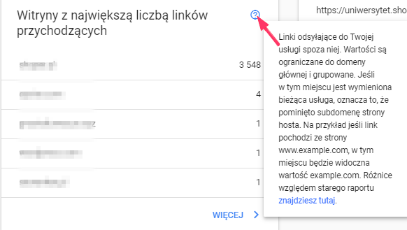 Przykład wykazu witryn z największą liczbą linków przychodzących do Twojej witryny. Przykład listy witryn z największą liczbą linków przychodzących do Twojej strony.