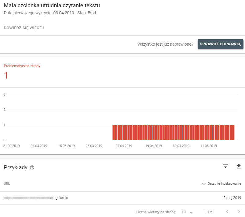 Przykład ekranu z wyświetlonymi szczegółami wybranego błędu na urządzeniach mobilnych. Po kliknięciu wybranego błędu, możesz sprawdzić szczegółowe informacje na jego temat.