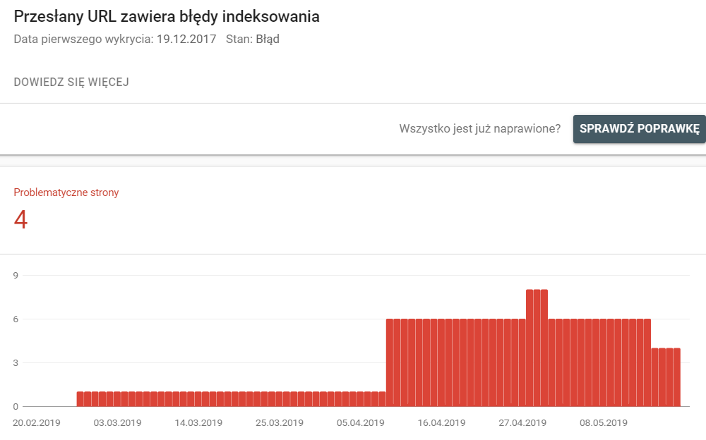 Po kliknięciu wybranego błędu, zostaną wyświetlone szczegóły na jego temat. Przykład ekranu z informacjami o wybranym błędzie.