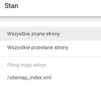 Przykład dostępnych opcji filtrowania w Google Search Console. Przykład filtrów zasobów konta w Google Search Console.