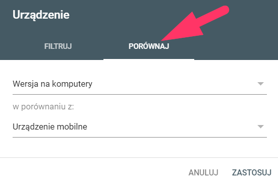 Przykład opcji porównaj dla raportu odnośnie urządzeń w Google Search Console. Przykładowe filtry urządzeń w raporcie Google Search Console