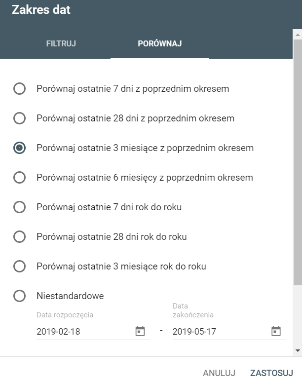 Przykład dostępnych opcji porównania statystyk według dat. Dostępne opcje porównania danych według dat.