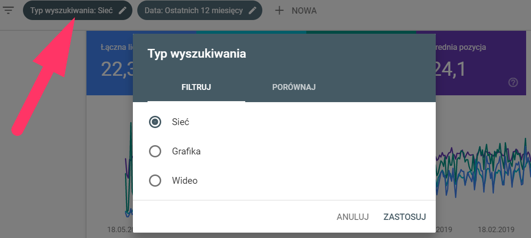 Kliknij opcję: Porównaj, aby porównać dane w Google Search Console. Jak porównać wyniki w raporcie Google Search Console?