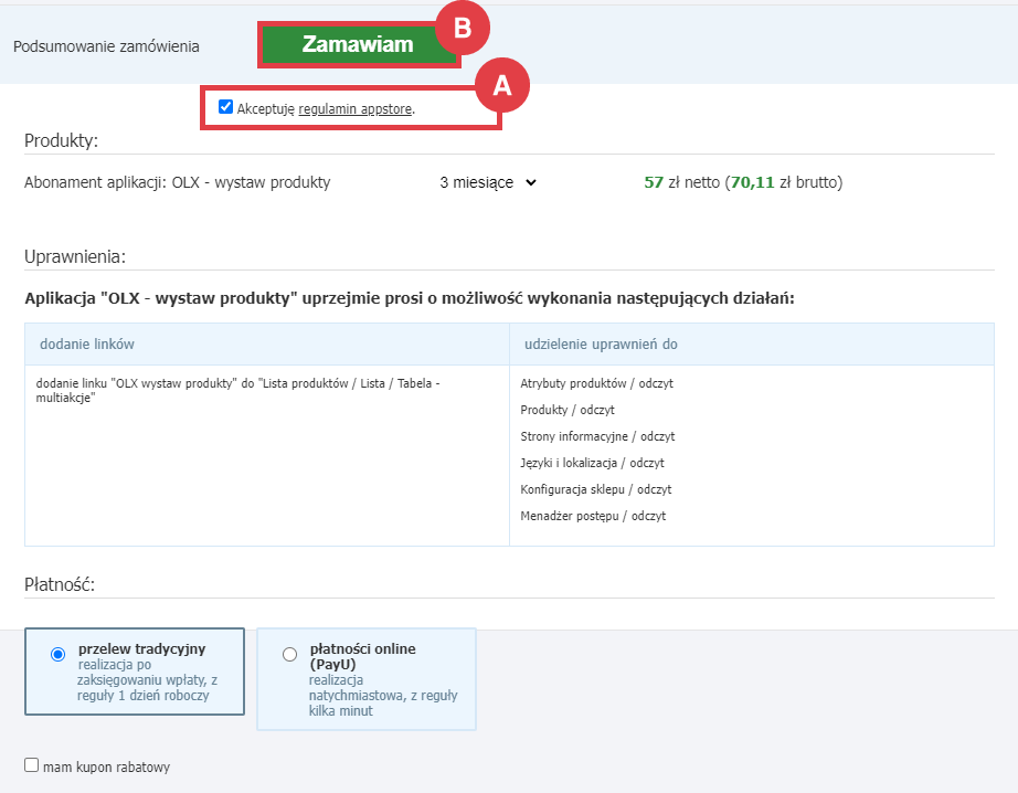 Zamów abonament aplikacji OLX - wystaw produkty w Panelu administracyjnym sklepu Panel administracyjny sklepu > Dodatki i integracje > Aplikacje > OLX - wystaw produkty > Instalacja