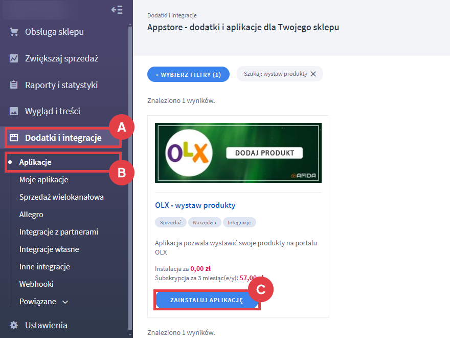 Zainstaluj aplikację do wystawiania swoich produktów na portalu OLX Panel administracyjny sklepu > Dodatki i integracje > Aplikacje > OLX - wystaw produkty