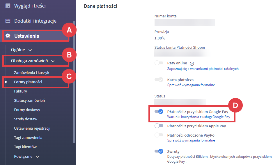 Aktywuj płatności z przyciskiem Google Pay w Panelu administracyjnym sklepu Shoper Panel administracyjny sklepu > Ustawienia > Obsługa zamówień > Formy płatności > Autopay > Płatności z przyciskiem Google Pay