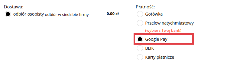 Wybierz metodę płatności Google Pay w sklepie internetowym Strona sklepu internetowego na platformie Shoper > Zamówienie > Koszyk > Płatność > Google Pay