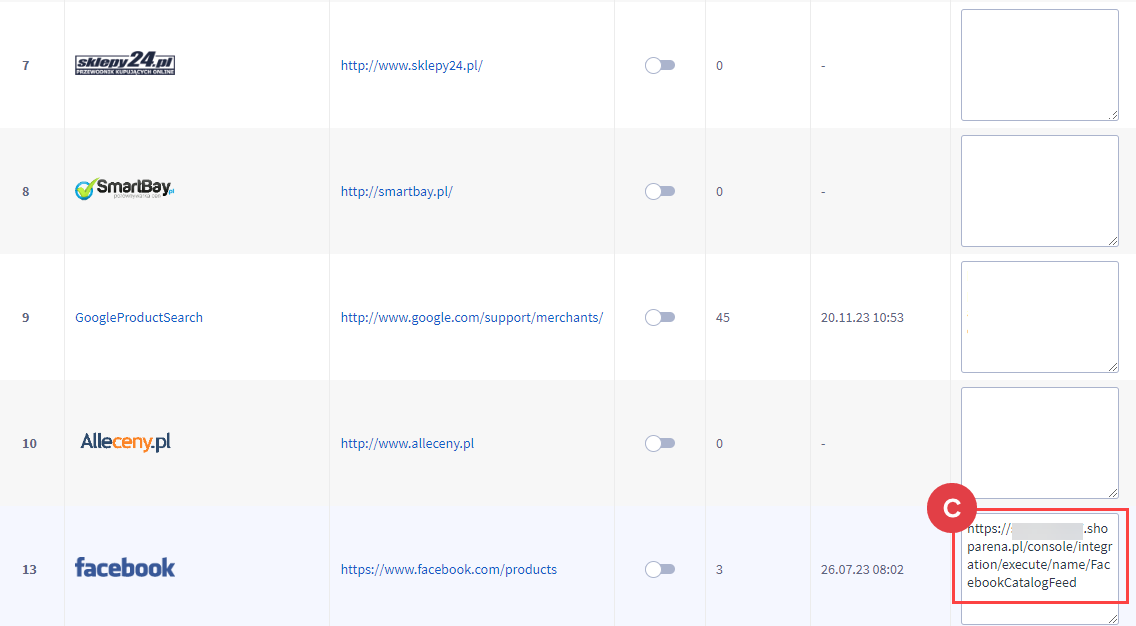 Pobierz adres pliku XML dla Facebook Panel administracyjny > Zwiększaj sprzedaż > Porównywarki cen