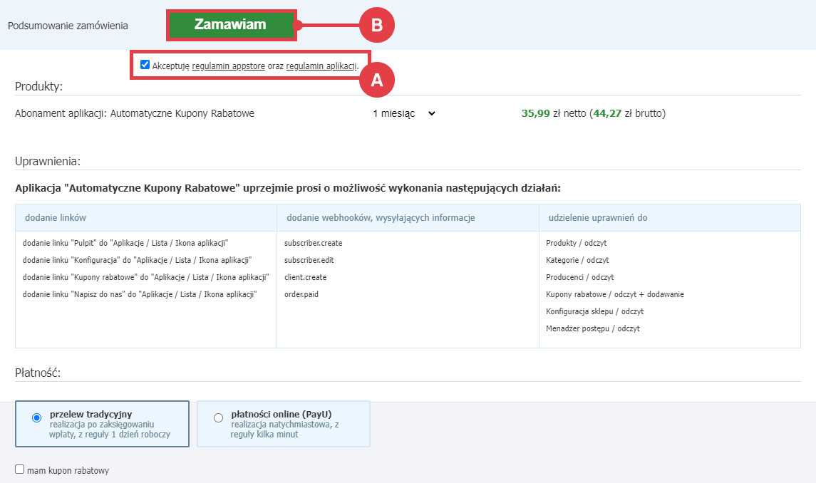 Zamów abonament aplikacji Automatyczne Kupony Rabatowe w sklepie Shoper Panel administracyjny sklepu > Dodatki i integracje > Aplikacje > Automatyczne kupony rabatowe > Instalacja