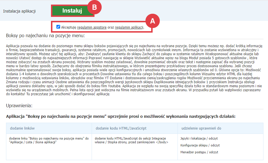 Etap instalacji aplikacji Boksy po najechaniu na pozycje menu w Panelu administracyjnym sklepu Panel administracyjny sklepu > Dodatki i integracje > Aplikacje > Boksy po najechaniu na pozycje menu > Instalacja