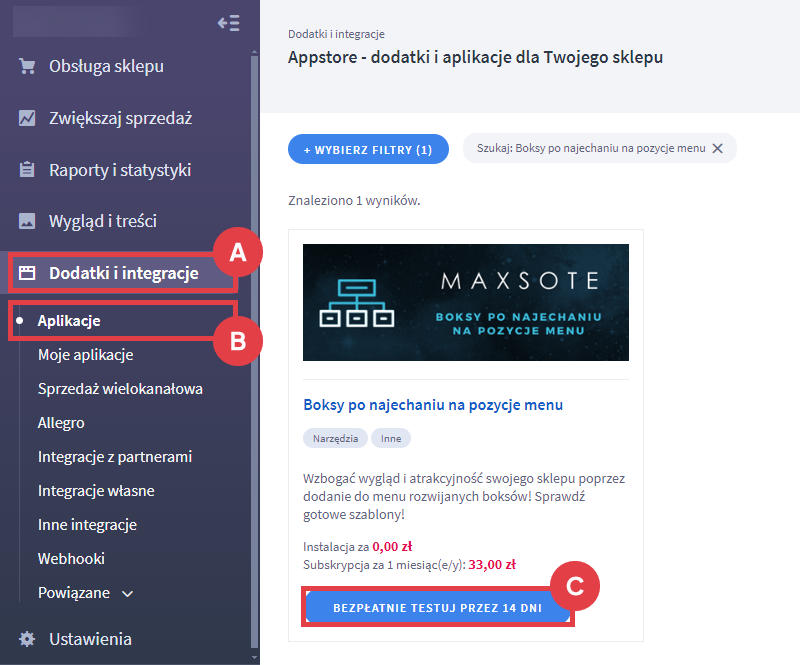 Przetestuj aplikację do dodawania rozwijanych boksów w menu Panel administracyjny sklepu > Dodatki i integracje > Aplikacje > Boksy po najechaniu na pozycje menu