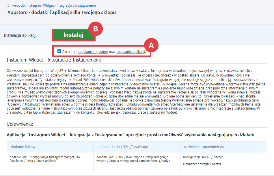 Panel administracyjny sklepu > Dodatki i integracje > Aplikacje > Instagram Widget - integracja z Instagramem > Instalacja
