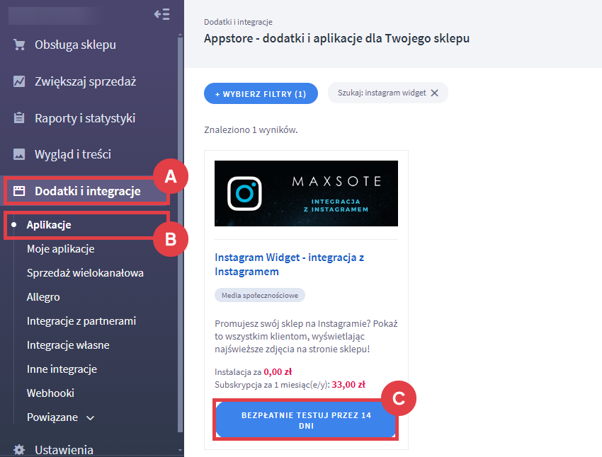 Panel administracyjny sklepu > Dodatki i integracje > Aplikacje > Instagram Widget - integracja z Instagramem