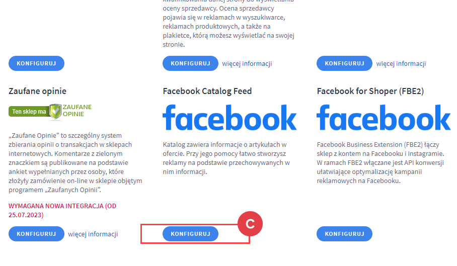 Przejdź do konfiguracji Facebook Catalog Feed Panel administracyjny > Dodatki i integracje > Inne integracje