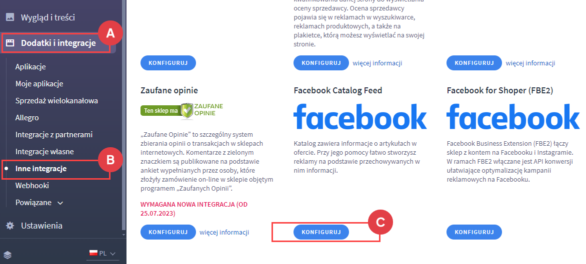 Przejdź do konfiguracji Facebook Catalog Feed Panel administracyjny > Dodatki i integracje > Inne integracje