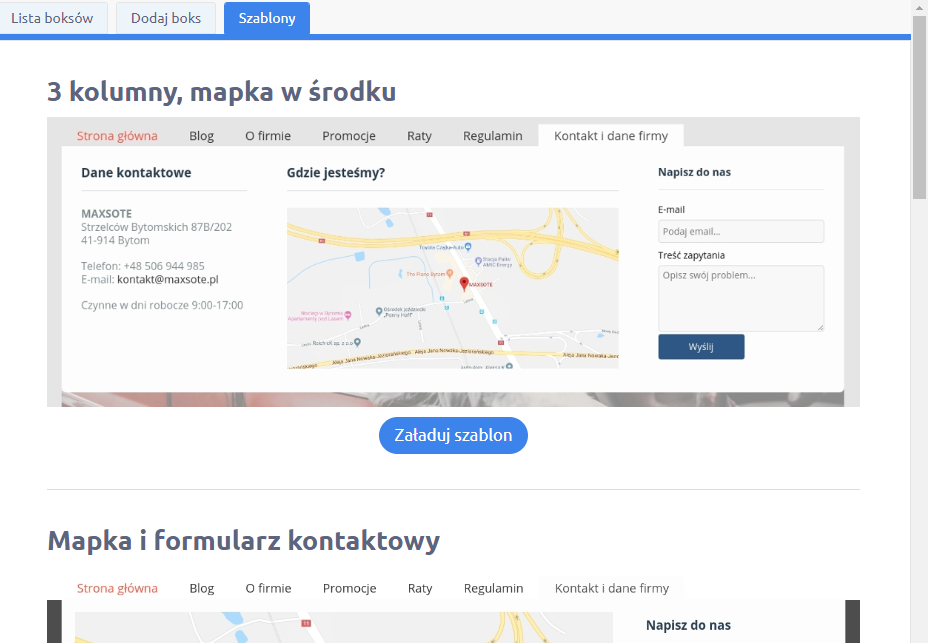 Załaduj wybrany szablon do zakładki w menu Panel administracyjny sklepu > Dodatki i integracje > Moje aplikacje > Kontakt w Menu > Szablony