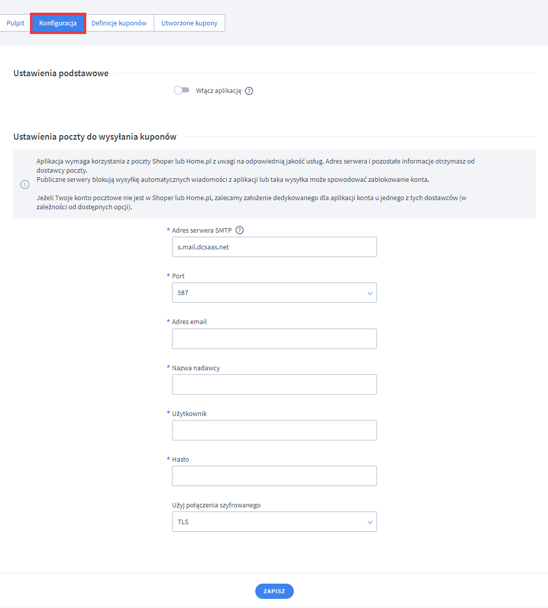Ustaw konto pocztowe do wysyłania kuponów rabatowych Panel administracyjny sklepu > Dodatki i integracje > Moje aplikacje > Automatyczne kupony rabatowe > Konfiguracja