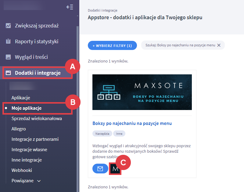 Uruchom aplikację i dodaj boks do wybranej pozycji menu w sklepie internetowym Panel administracyjny sklepu > Dodatki i integracje > Moje aplikacje > Boksy po najechaniu na pozycje menu