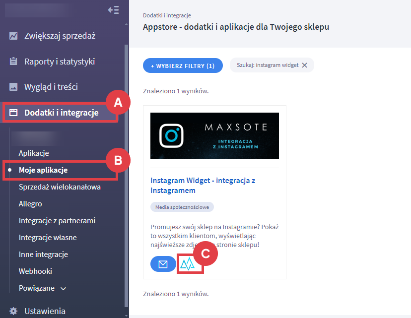 Panel administracyjny sklepu > Dodatki i integracje > Moje aplikacje > Instagram Widget - integracja z Instagramem