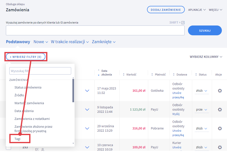 Wyszukaj produkty w sklepie za pomocą przypisanych tagów Panel administracyjny sklepu > Obsługa sklepu > Produkty > Wybierz filtry > Tagi