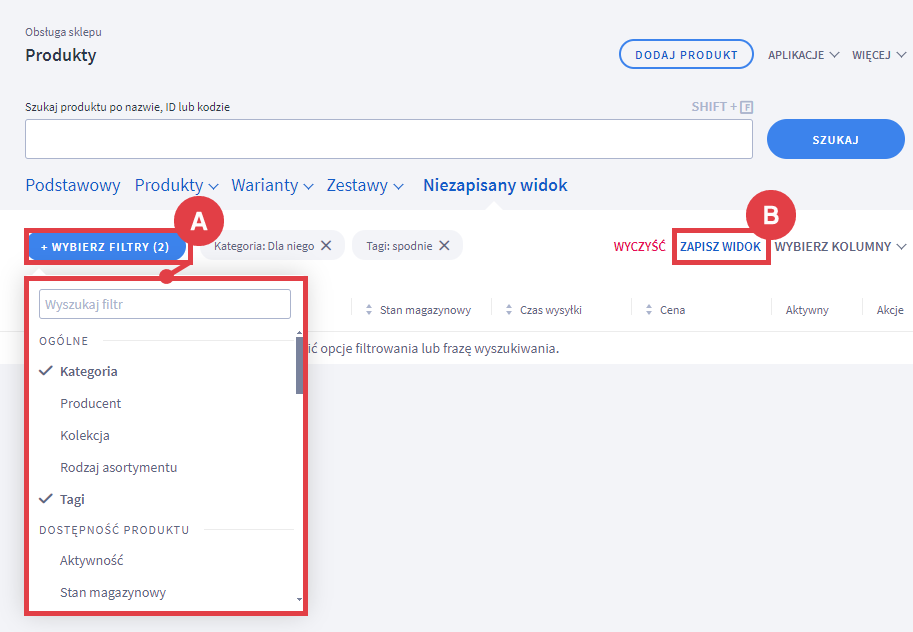 Zapisz nowy widok listy produktów na podstawie wybranych filtrów Panel administracyjny sklepu > Obsługa sklepu > Produkty > Wybierz filtry > Zapisz widok