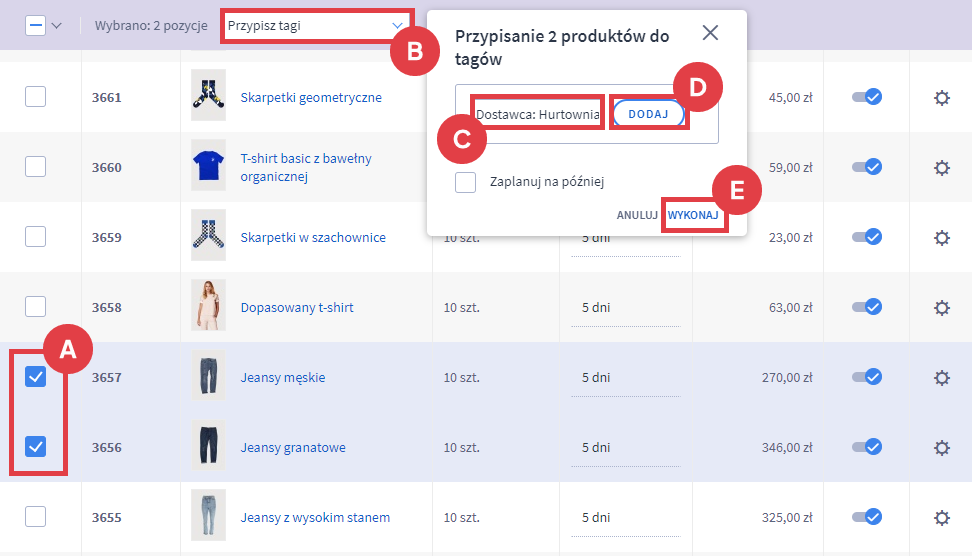 Przypisz odpowiednie tagi do zaznaczonych produktów na liście w Panelu administracyjnym sklepu Panel administracyjny sklepu > Obsługa sklepu > Produkty > Pozycje > Przypisywanie tagów