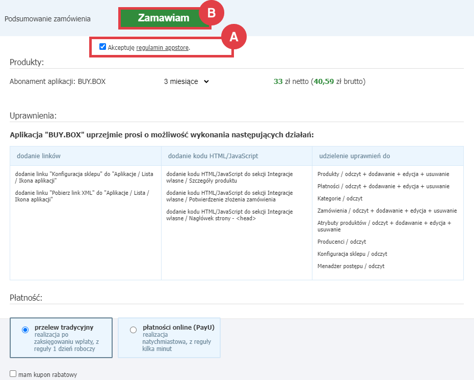 Panel administracyjny sklepu > Dodatki i integracje > Aplikacje > BUY.BOX > Instalacja