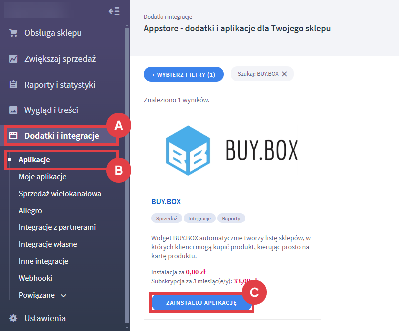 Panel administracyjny sklepu > Dodatki i integracje > Aplikacje > BUY.BOX