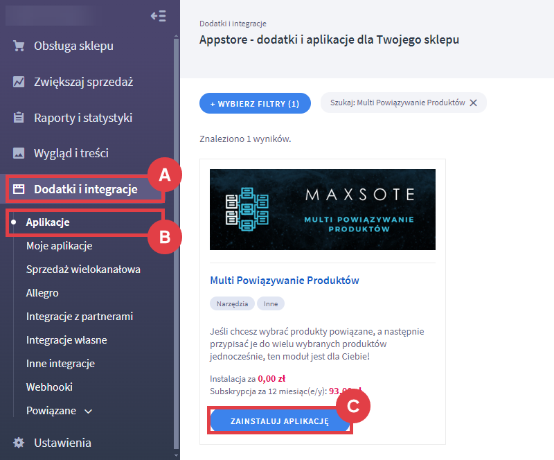 Panel administracyjny sklepu > Dodatki i integracje > Aplikacje > Multi powiązywanie produktów