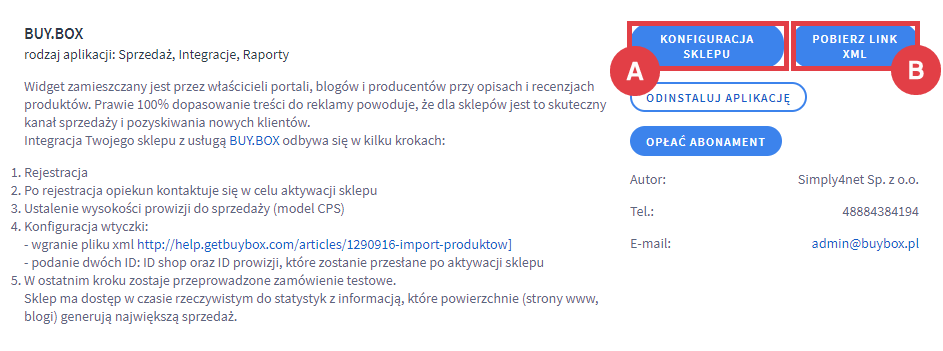 Panel administracyjny sklepu > Dodatki i integracje > Moje aplikacje > BUY.BOX > Ustawienia