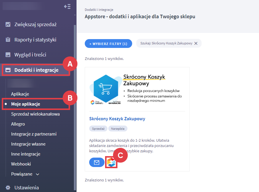 Panel administracyjny sklepu > Dodatki i integracje > Moje aplikacje > Skrócony Koszyk Zakupowy