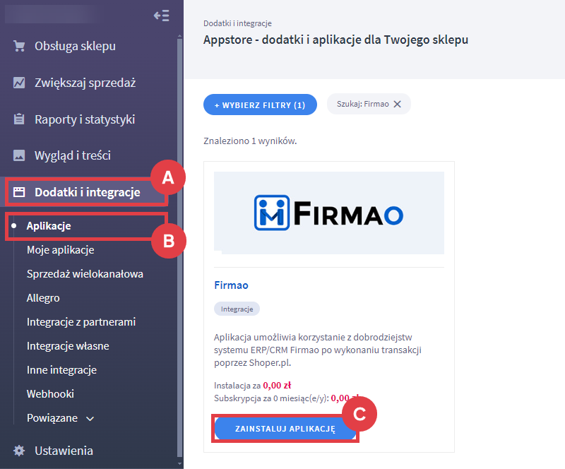 Zintegruj sklep Shoper z systemem ERP/CRM Firmao Panel administracyjny sklepu > Dodatki i integracje > Aplikacje > Firmao
