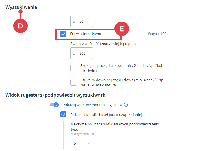 Panel administracyjny sklepu > Ustawienia > Produkty > Wyszukiwarka > Wyszukiwanie > Frazy alternatywne