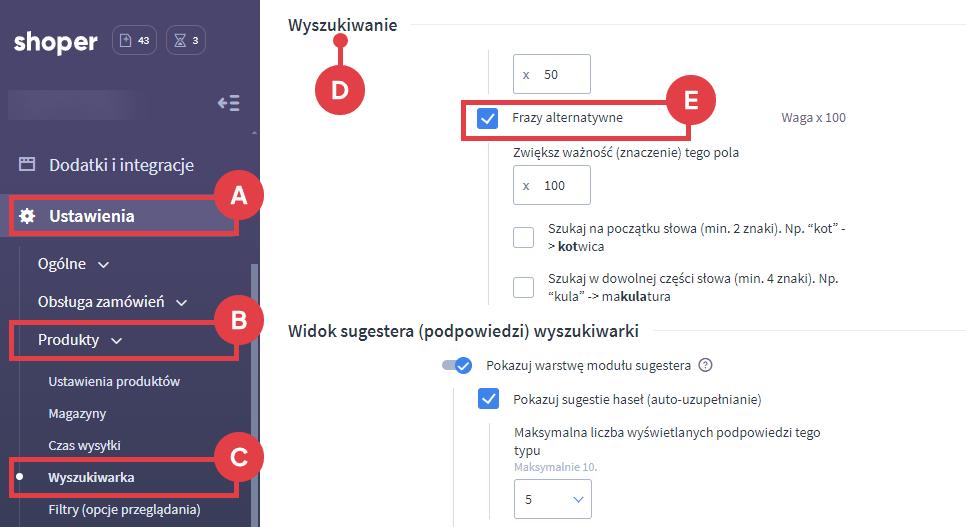 Panel administracyjny sklepu > Ustawienia > Produkty > Wyszukiwarka > Wyszukiwanie > Frazy alternatywne