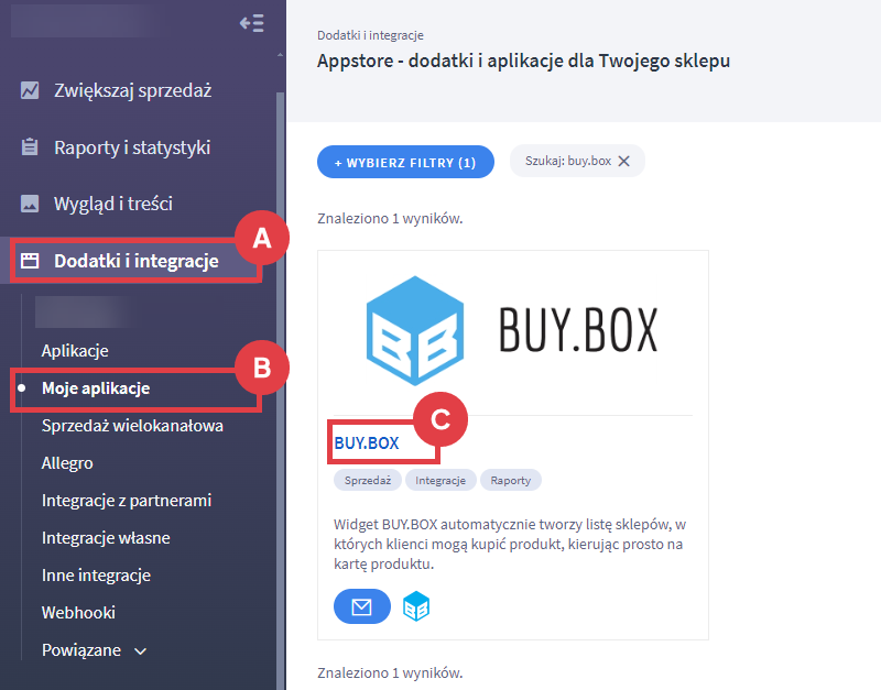 Panel administracyjny sklepu > Dodatki i integracje > Moje aplikacje > BUY.BOX