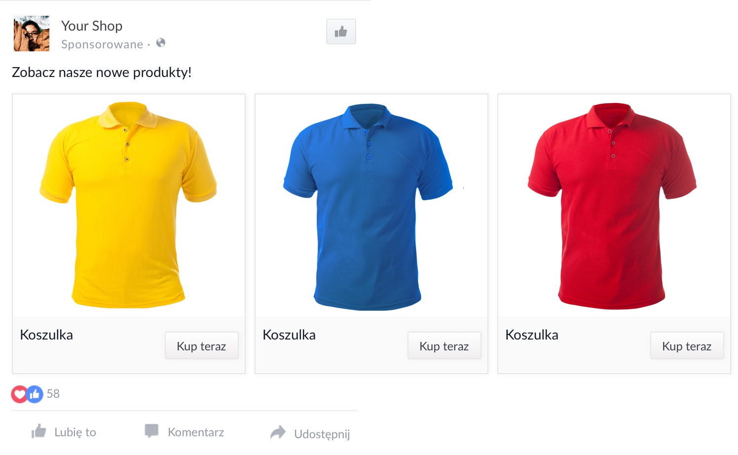 Reklama Facebook Ads może wyświetlać wszystkie warianty produktu Facebook > Reklama produktowa z wariantami produktu