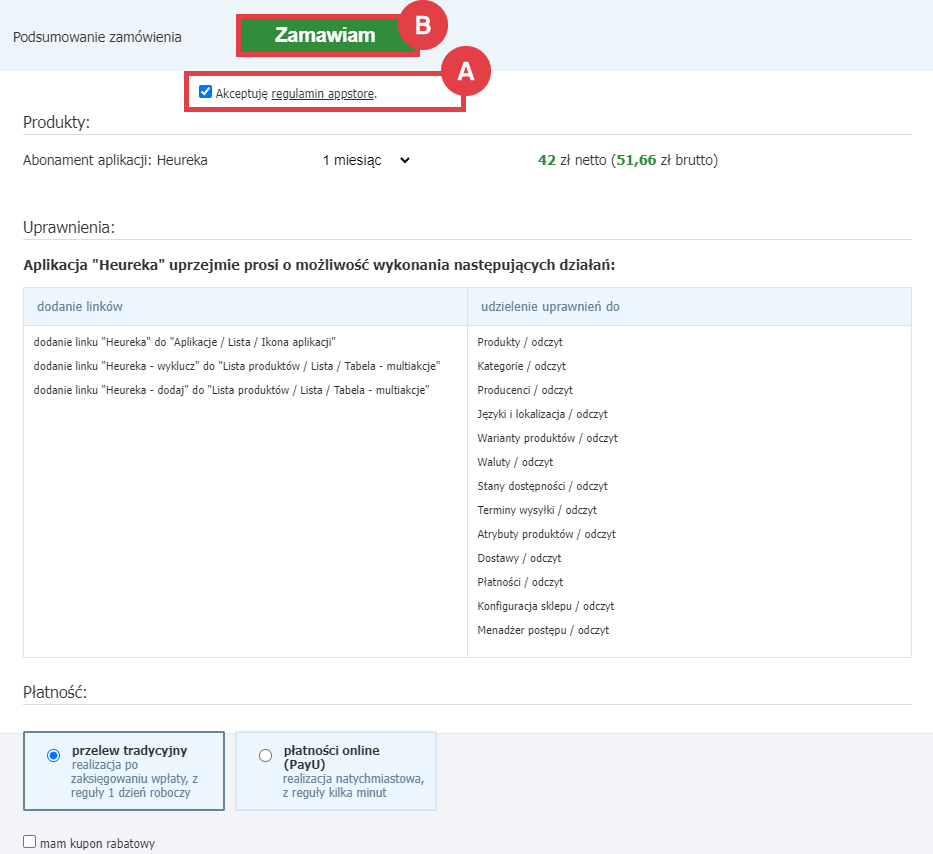 Zamów abonament aplikacji Heureka w Panelu administracyjnym sklepu Shoper Panel administracyjny sklepu > Dodatki i integracje > Aplikacje > Heureka > Zamawianie abonamentu