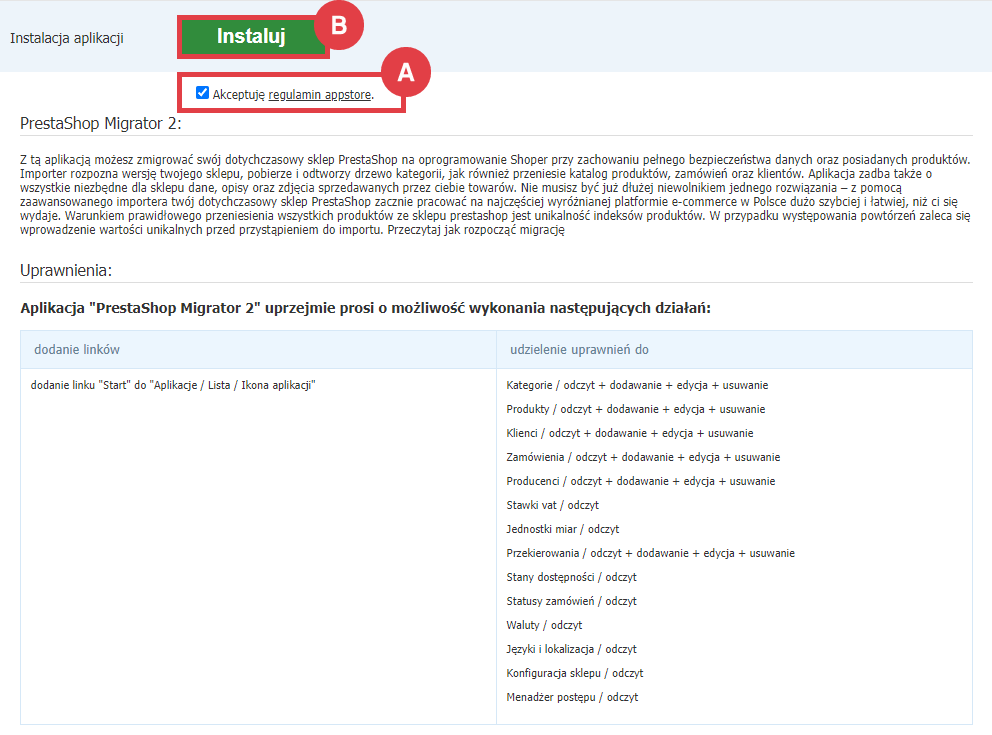 Panel administracyjny sklepu > Dodatki i integracje > Aplikacje > PrestaShop Migrator 2 > Instalacja