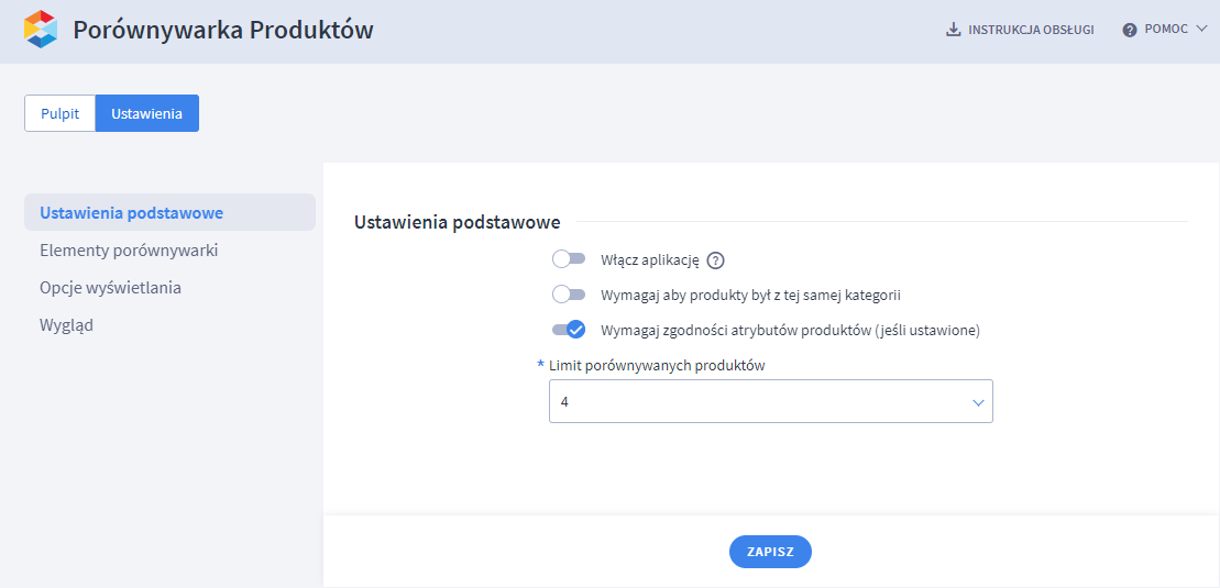 Panel administracyjny sklepu > Dodatki i integracje > Moje aplikacje > Porównywarka Produktów > Ustawienia