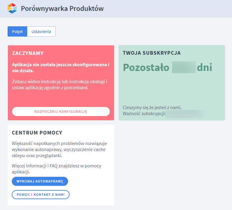Panel administracyjny sklepu > Dodatki i integracje > Moje aplikacje > Porównywarka Produktów > Pulpit