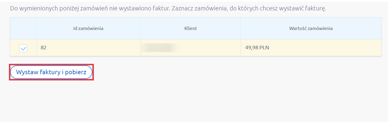 Panel administracyjny sklepu > Obsługa sklepu > Zamówienia > Akcje > Aplikacje > Pobierz fakturę > Wystawianie